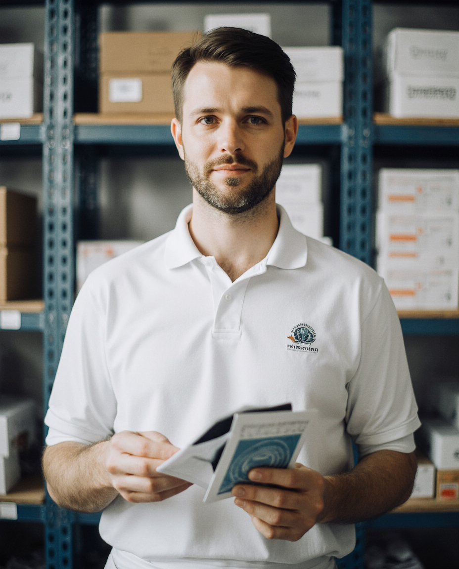 Warehouse worker holding packaging boxes