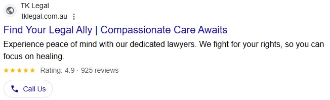 TK Legal search ad, Find Your Legal Ally